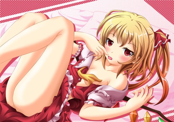 Anime picture 1450x1024 with touhou flandre scarlet neats (artist) single blush short hair open mouth light erotic blonde hair red eyes ass open clothes open shirt legs finger to mouth girl bow hair bow wings