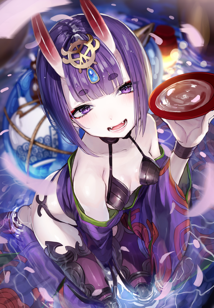 Anime picture 785x1130 with fate (series) fate/grand order shuten douji (fate) nekometaru single tall image looking at viewer blush fringe short hair breasts open mouth light erotic sitting purple eyes bare shoulders holding purple hair traditional clothes :d