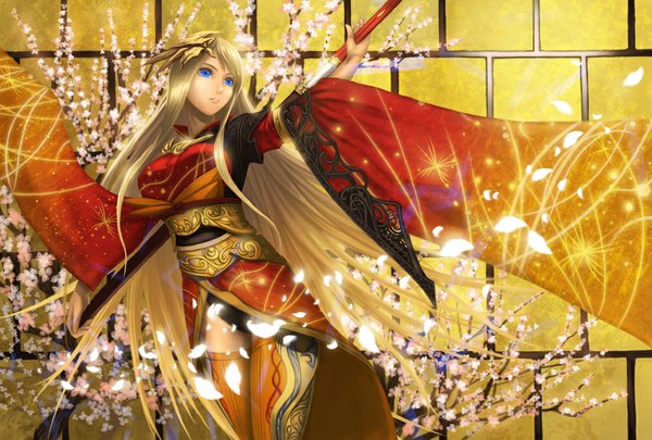 Anime picture 1000x676 with wolfedge (artist) single long hair open mouth blue eyes blonde hair standing looking away long sleeves traditional clothes japanese clothes cherry blossoms girl thighhighs hair ornament flower (flowers) weapon petals