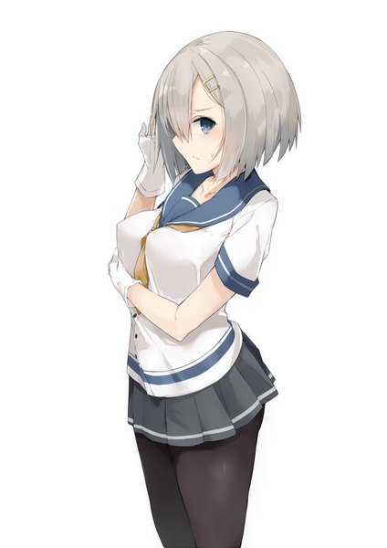 Anime picture 600x848 with kantai collection hamakaze destroyer akiha (attract) single tall image looking at viewer blush fringe short hair breasts blue eyes simple background large breasts standing white background pleated skirt grey hair hair over one eye short sleeves hand on head
