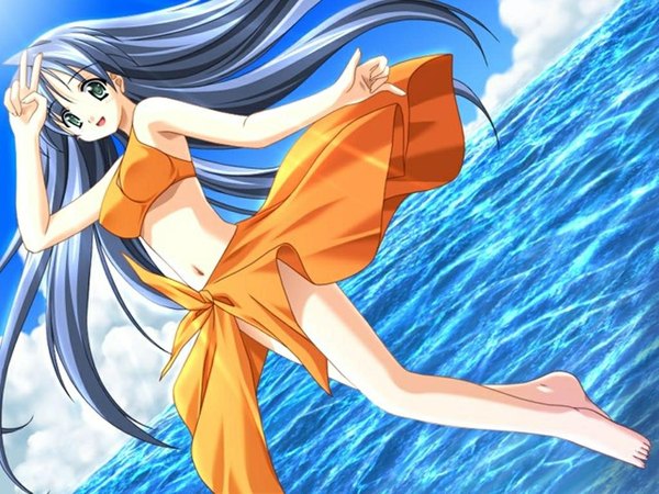 Anime picture 1024x768 with green eyes blue hair game cg beach victory swimsuit bikini sea