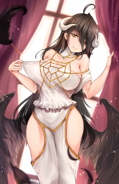 Anime picture 1322x2048 with overlord (maruyama) madhouse albedo (overlord) rhineheim single long hair tall image looking at viewer blush fringe breasts light erotic black hair smile hair between eyes large breasts standing bare shoulders holding yellow eyes