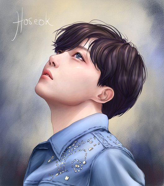 Anime picture 1443x1638 with real life bts j-hope mari945 single tall image fringe short hair blue eyes black hair simple background upper body parted lips lips realistic grey background character names portrait looking up boy