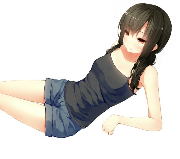 Anime picture 1024x905 with original uttt single long hair blush black hair simple background red eyes white background bare shoulders looking away girl shorts