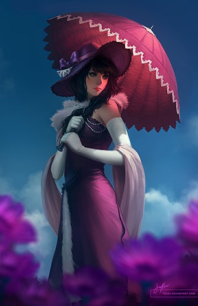 Anime picture 725x1120 with original tsuaii single tall image fringe black hair standing holding looking away sky cloud (clouds) one eye closed lips wink black eyes realistic girl dress gloves flower (flowers)