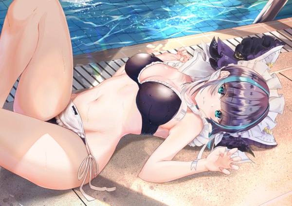 Anime picture 5016x3541 with azur lane cheshire (azur lane) puripuri single looking at viewer blush fringe highres short hair breasts light erotic black hair large breasts payot absurdres bent knee (knees) lying blunt bangs nail polish head tilt