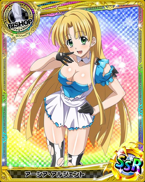 Anime picture 640x800 with highschool dxd asia argento single long hair tall image looking at viewer blush open mouth light erotic blonde hair green eyes cleavage torn clothes card (medium) girl thighhighs dress gloves black gloves striped thighhighs