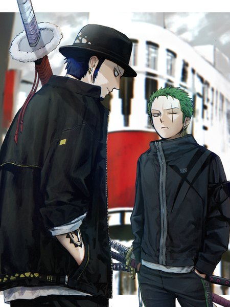 Anime picture 2048x2732 with one piece toei animation roronoa zoro trafalgar law 4myaku1 tall image highres short hair blue hair profile one eye closed green hair multiple boys alternate costume piercing ear piercing scar hands in pockets contemporary sleeves pushed up