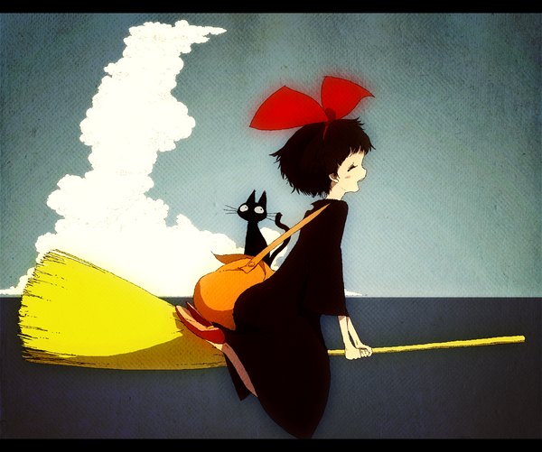 Anime picture 1280x1069 with kiki's delivery service studio ghibli kiki jiji soe blush short hair black hair sky eyes closed letterboxed witch broom riding girl bow hair bow cat bag broom