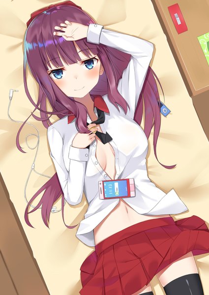 Anime-Bild 1254x1770 mit new game! doga kobo takimoto hifumi yukarite single long hair tall image looking at viewer blush fringe breasts blue eyes light erotic smile payot purple hair ponytail lying blunt bangs long sleeves