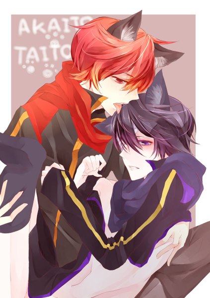 Anime picture 1880x2668 with vocaloid akaito taito (vocaloid) mihatarou tall image blush highres short hair open mouth black hair red eyes purple eyes animal ears red hair cat ears multiple boys framed shounen ai kemonomimi mode bandage over one eye