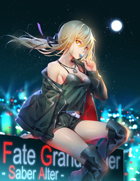 Anime picture 1162x1500 with fate (series) fate/grand order artoria pendragon (all) saber alter tidsean single long hair tall image looking at viewer fringe breasts blonde hair hair between eyes sitting holding yellow eyes outdoors wind off shoulder night