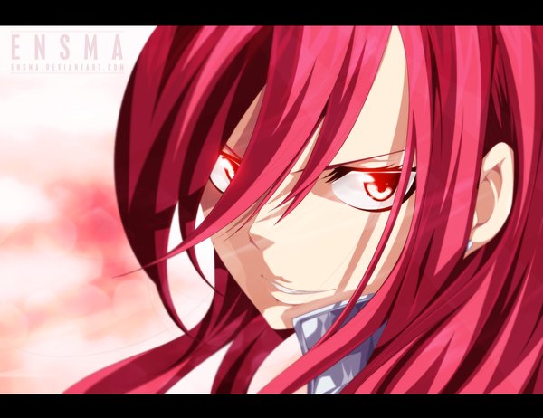 Anime picture 1200x924 with fairy tail erza scarlet ensma single long hair smile red eyes sky cloud (clouds) red hair coloring close-up face girl