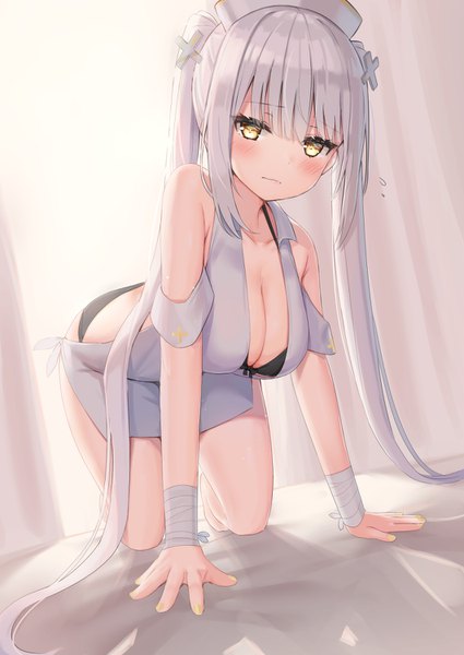 Anime picture 1062x1500 with original reinama single tall image blush fringe breasts light erotic hair between eyes large breasts twintails bare shoulders yellow eyes payot cleavage silver hair indoors very long hair head tilt dutch angle