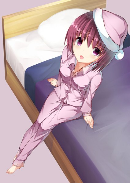 Anime picture 800x1129 with original iori (cpeilad) single tall image looking at viewer blush short hair open mouth purple eyes purple hair girl bed pajamas nightcap