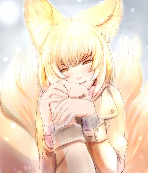 Anime picture 1200x1400 with touhou yakumo ran dearmybrothers single tall image looking at viewer short hair blonde hair yellow eyes fox ears fox tail fox girl multiple tails girl jacket