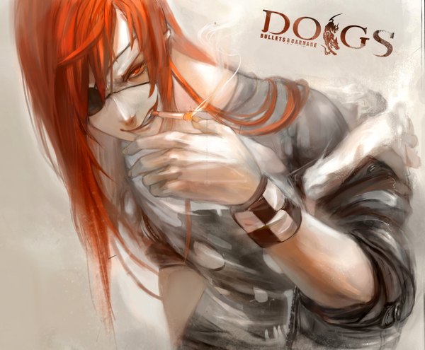 Anime picture 3000x2479 with dogs: bullets & carnage david production badou nails dualnaito single long hair looking at viewer highres simple background smile orange hair inscription orange eyes smoke smoking checkered smirk boy bracelet eyepatch