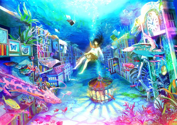 Anime picture 2248x1588 with original fuzichoco single long hair looking at viewer highres blue eyes black hair full body barefoot underwater revision skeleton girl uniform animal serafuku book (books) insect building (buildings)