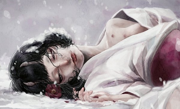 Anime picture 1135x689 with original si (pixiv) single fringe short hair breasts black hair wide image lying traditional clothes japanese clothes hair flower horn (horns) lips realistic off shoulder grey eyes on side snowing winter
