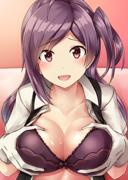 Anime picture 856x1200 with kantai collection hagikaze (kantai collection) kamelie single long hair tall image looking at viewer blush fringe breasts open mouth light erotic smile large breasts brown eyes cleavage purple hair upper body ahoge indoors