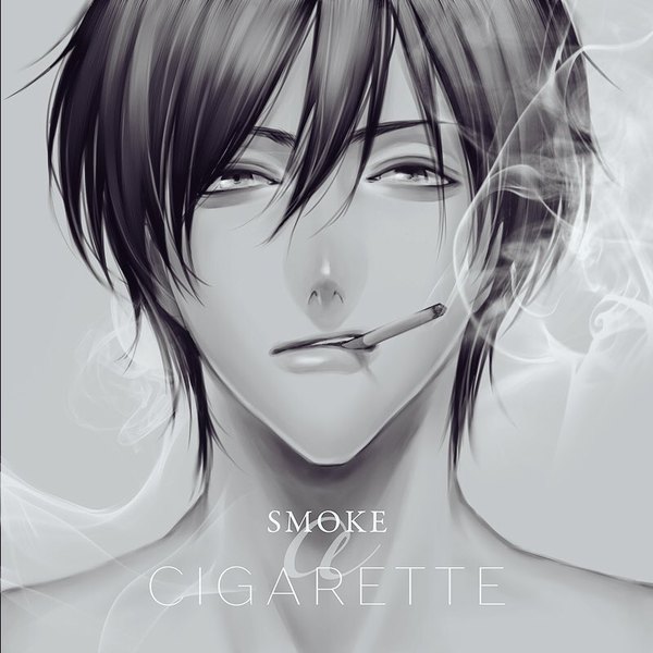 Anime picture 799x800 with original yunoki single tall image looking at viewer fringe short hair black hair simple background hair between eyes holding grey background grey eyes text mouth hold monochrome portrait smoke face english