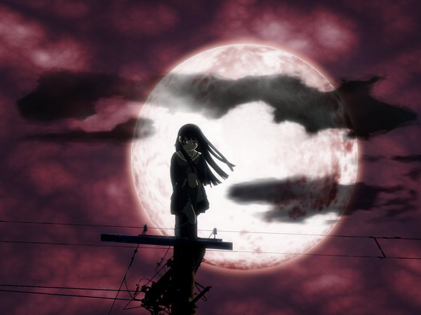 Anime picture 1600x1200 with hell girl studio deen enma ai single long hair looking at viewer black hair red eyes sitting sky full body wind red sky girl moon full moon pole