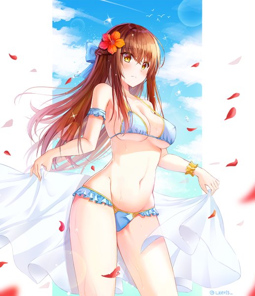 Anime picture 1200x1389 with original lkeris single long hair tall image looking at viewer blush fringe breasts light erotic hair between eyes brown hair standing bare shoulders holding signed yellow eyes payot sky cloud (clouds)