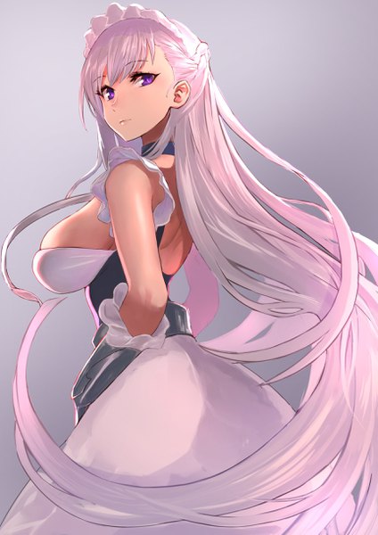 Anime picture 1722x2435 with azur lane belfast (azur lane) fujitsubo (hujitubo0731) single tall image looking at viewer fringe highres breasts light erotic simple background large breasts standing purple eyes silver hair very long hair looking back grey background maid sleeveless