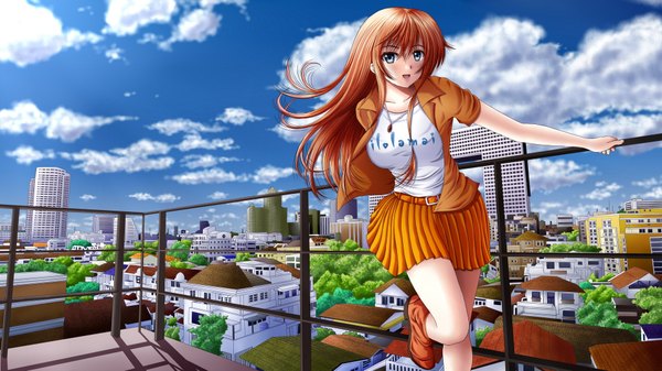 Anime picture 1920x1080 with original ilolamai single long hair blush highres open mouth blue eyes smile wide image standing sky cloud (clouds) pleated skirt orange hair city standing on one leg cityscape girl building (buildings)