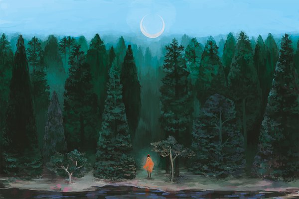 Anime picture 1771x1181 with original qiu (qiiiu) single highres black hair standing full body outdoors scenic crescent river nature ambiguous gender plant (plants) tree (trees) moon cape forest