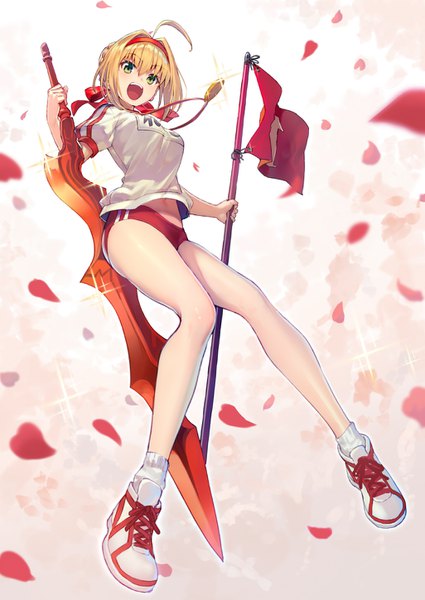 Anime picture 1026x1449 with fate (series) fate/grand order fate/extra nero claudius (fate) nero claudius (fate/extra) shirabi single tall image fringe short hair breasts open mouth blonde hair large breasts holding green eyes looking away full body ahoge from below