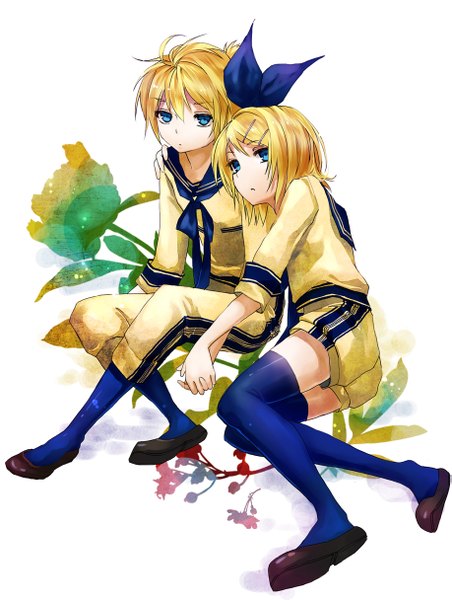 Anime picture 917x1216 with vocaloid kagamine rin kagamine len meutan131 tall image short hair blue eyes blonde hair white background sitting hug twins brother and sister girl thighhighs boy hair ornament bow hair bow shorts