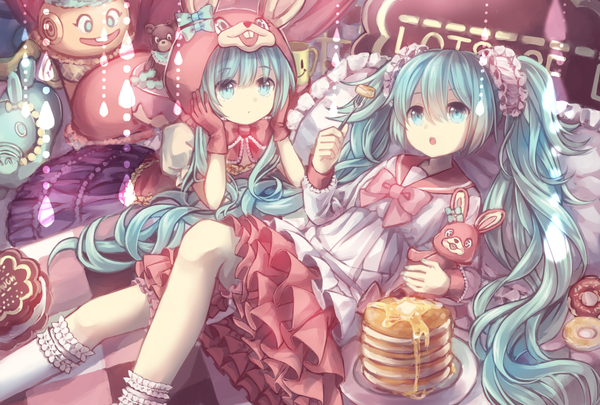 Anime picture 2039x1378 with vocaloid lol -lots of laugh- (vocaloid) hatsune miku yumeichigo alice long hair fringe highres hair between eyes twintails multiple girls lying aqua eyes aqua hair on back wavy hair dual persona girl dress skirt gloves