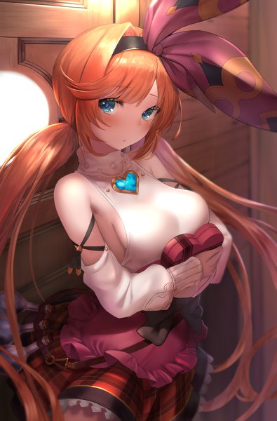 Anime picture 790x1200 with granblue fantasy clarisse (granblue fantasy) mizuya nao single tall image looking at viewer blush fringe breasts blue eyes light erotic large breasts standing twintails bare shoulders holding payot indoors very long hair orange hair