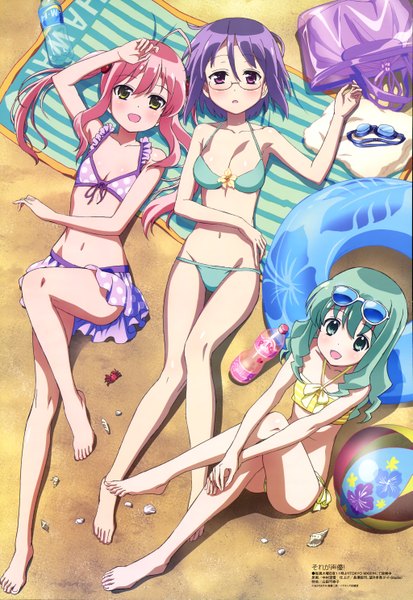 Anime picture 4089x5938 with sore ga seiyuu! megami magazine ichinose futaba kohana rin moesaki ichigo long hair tall image blush highres short hair open mouth light erotic purple eyes twintails multiple girls brown eyes blue hair pink hair absurdres purple hair