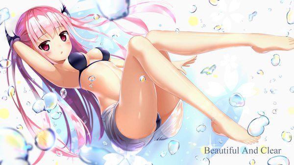 Anime picture 1920x1080 with original kurotobi rarumu single long hair looking at viewer blush fringe highres breasts open mouth light erotic red eyes wide image twintails pink hair full body text arm behind head english head wings