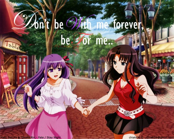Anime picture 1280x1024 with fate (series) fate/stay night studio deen type-moon toosaka rin matou sakura long hair open mouth black hair smile purple eyes bare shoulders multiple girls green eyes purple hair inscription city holding hands girl skirt