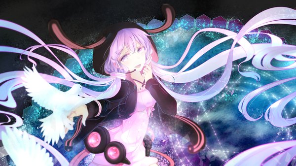 Anime picture 1920x1080 with vocaloid yuzuki yukari yotsuba0052 single highres open mouth wide image purple eyes twintails purple hair very long hair low twintails glowing bird on hand girl animal bird (birds) hood microphone pigeon