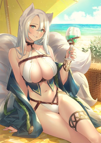 Anime picture 672x950 with afk arena solise (afk arena) popqn single long hair tall image looking at viewer blush fringe breasts light erotic smile hair between eyes large breasts sitting holding animal ears payot sky silver hair