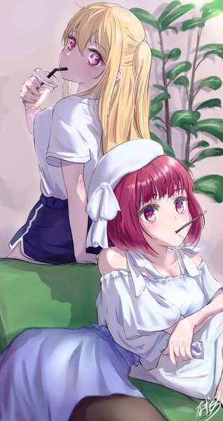 Anime picture 1789x3376 with oshi no ko arima kana hoshino ruby nazmocha long hair tall image fringe highres short hair blonde hair hair between eyes red eyes bare shoulders multiple girls holding looking away red hair pink eyes one side up mouth hold