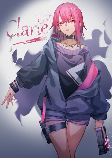 Anime picture 744x1052 with original leris muma single tall image looking at viewer fringe short hair open mouth simple background hair between eyes red eyes standing holding payot pink hair off shoulder piercing ear piercing unzipped girl