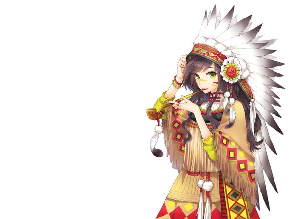 Anime picture 1333x1000 with original pixiv girls collection 2010 nardack simple background brown hair white background green eyes traditional clothes light smile facial mark face paint native american reversed girl hair ornament flower (flowers) bracelet headdress feather (feathers) pipe
