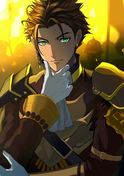 Anime picture 1000x1416 with fire emblem fire emblem: three houses fire emblem warriors: three hopes nintendo claude von riegan nishikawa (fe) single tall image looking at viewer short hair smile brown hair green eyes upper body long sleeves shaded face hand on face boy gloves earrings