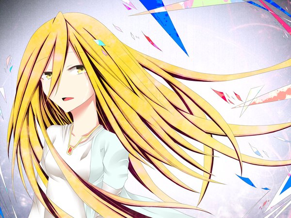 Anime picture 2000x1500 with vocaloid lily (vocaloid) single long hair looking at viewer highres open mouth blonde hair yellow eyes tears girl pendant