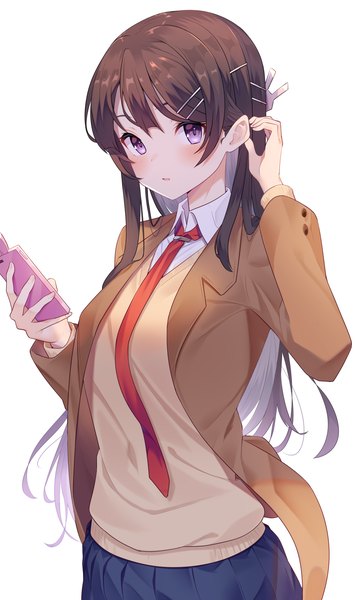 Anime picture 2105x3500 with seishun buta yarou cloverworks sakurajima mai jun (aousa0328) single long hair tall image looking at viewer blush fringe highres open mouth simple background brown hair standing white background purple eyes holding payot long sleeves