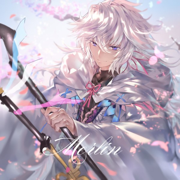 Anime picture 1800x1795 with fate (series) fate/grand order merlin (fate) azomo single long hair looking at viewer fringe highres smile hair between eyes standing purple eyes holding silver hair character names boy petals hood cape