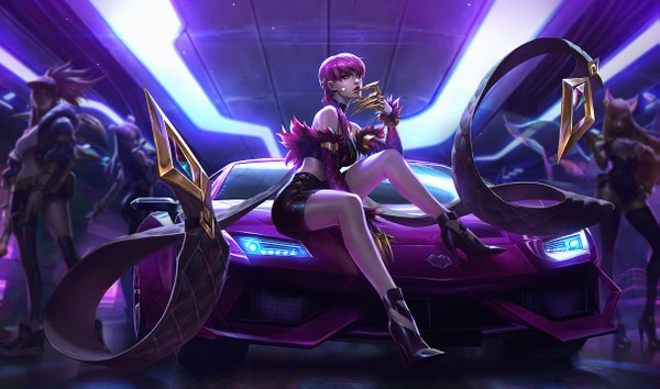 Anime picture 1215x717 with league of legends k/da (league of legends) ahri (league of legends) akali (league of legends) evelynn (league of legends) k/da akali k/da ahri k/da evelynn kai'sa k/da kai'sa chenbo alvin lee chengwei pan long hair looking at viewer fringe short hair breasts blonde hair wide image