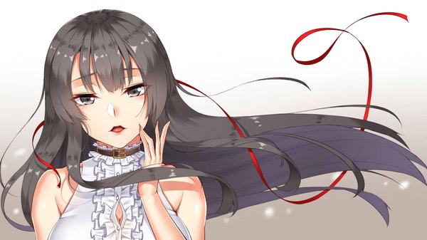 Anime picture 1920x1080 with original yi mian single long hair looking at viewer fringe highres open mouth black hair simple background wide image bare shoulders upper body black eyes girl ribbon (ribbons) choker frills