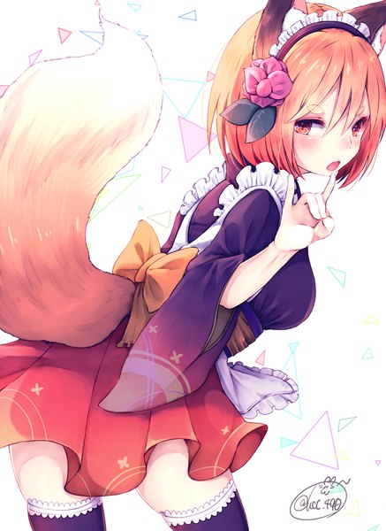 Anime picture 1457x2000 with original chita (ketchup) single tall image looking at viewer blush fringe short hair breasts open mouth light erotic hair between eyes signed animal ears tail animal tail pleated skirt looking back hair flower orange hair
