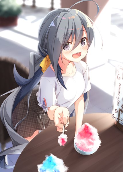 Anime picture 1295x1812 with kantai collection kiyoshimo destroyer mafuyun single tall image looking at viewer blush fringe open mouth hair between eyes ahoge very long hair :d from above grey hair grey eyes plaid skirt low ponytail girl skirt